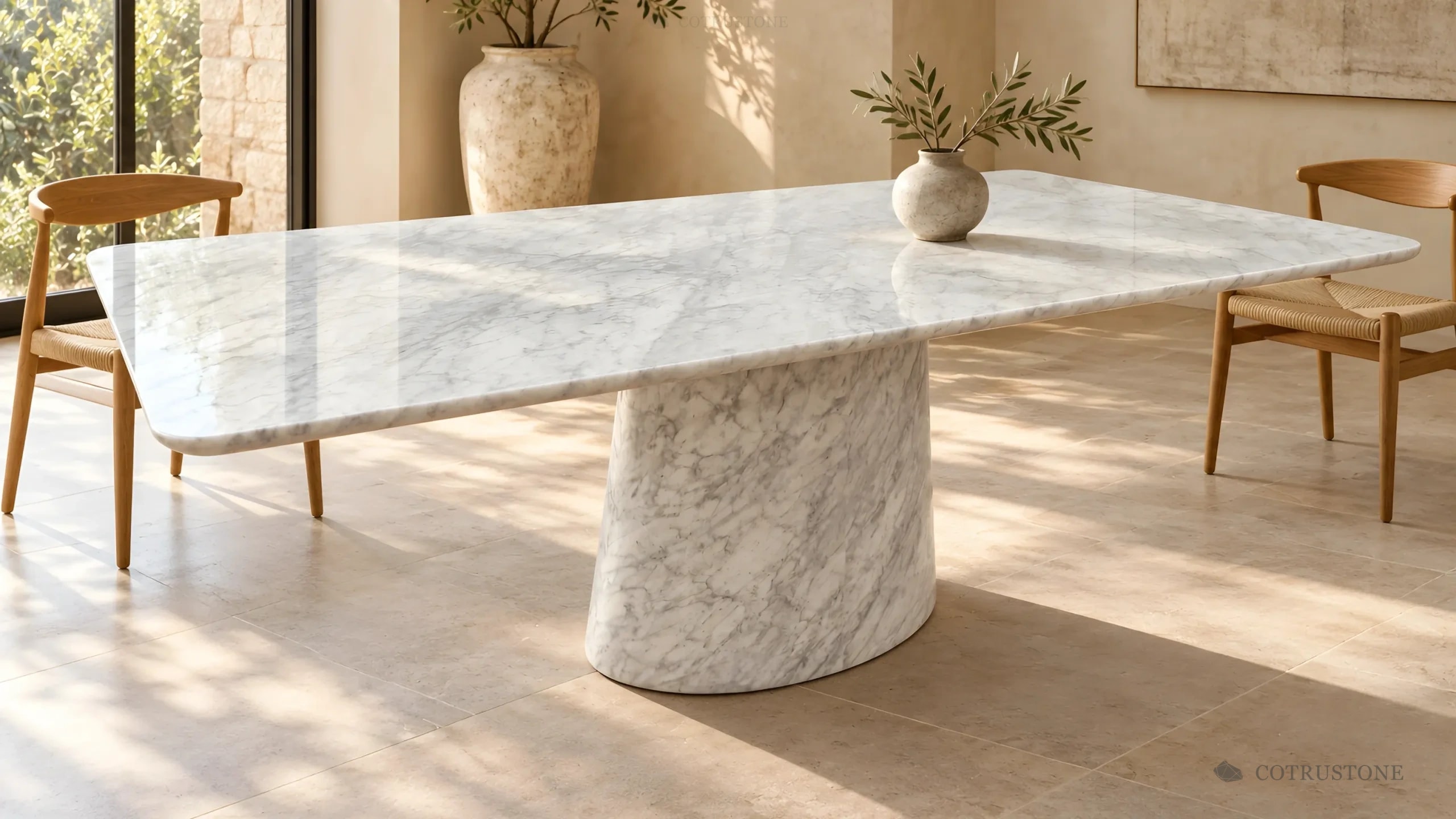 White veined stone dining table with a softly rounded top on a single conical stone pedestal