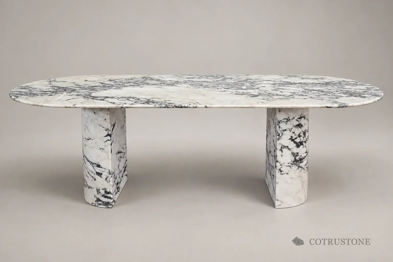 AI-refined presentation of a curved stone table with two half-round stone pedestal supports